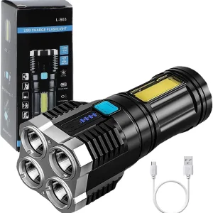 Super Bright Emergency Flashlight with Cutter & Safety Hammer | USB Rechargeable, Waterproof, 4 Lighting Modes
